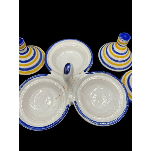 Moroccan Spice Tagine Trio Spice Holder Vintage Handmade Yellow and Blue Ceramic - Picture 4 of 8